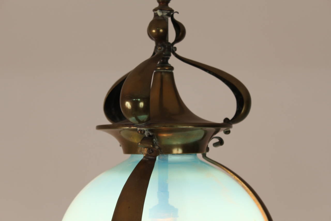Brass Stunning Art Nouveau Hall Lamp with Original Blue Opaline Glass