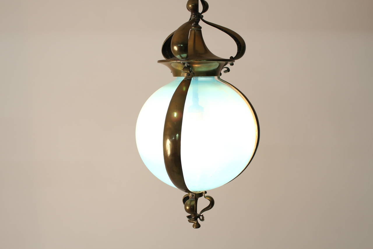 Stunning Art Nouveau Hall Lamp with Original Blue Opaline Glass 1