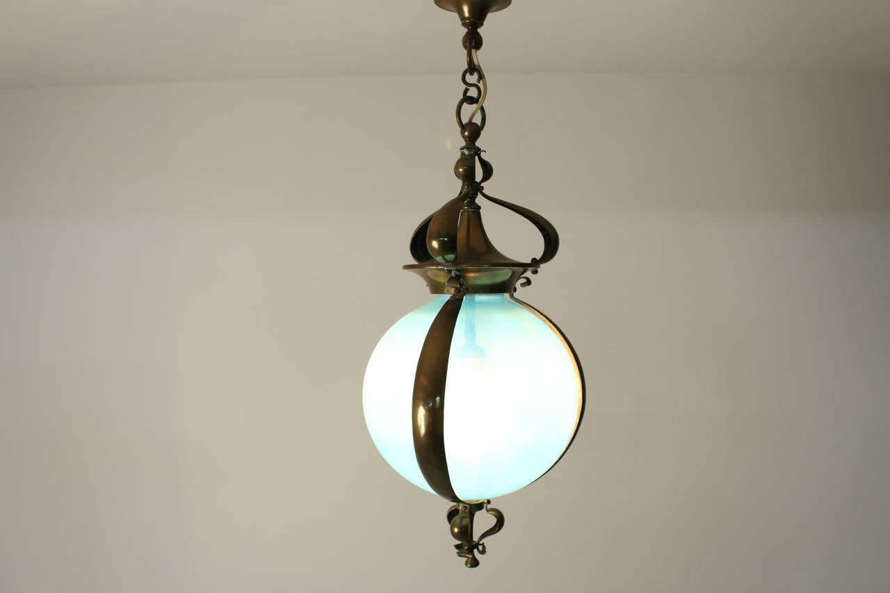 Stunning Art Nouveau Hall Lamp with Original Blue Opaline Glass 2