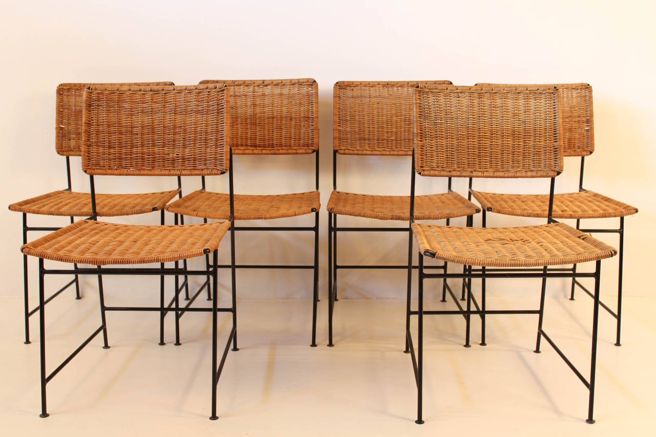 Rare set of six Mid-Century Modern rattan and wire chairs 'SW 88' by Herta-Maria Witzemann for Wilde + Spieth, Germany, 1954.
Literature: Deutsche Möbel Heute Kleine Verlagsgesellschaft Stuttgart 1954 p.48.
Original condition. One chair has