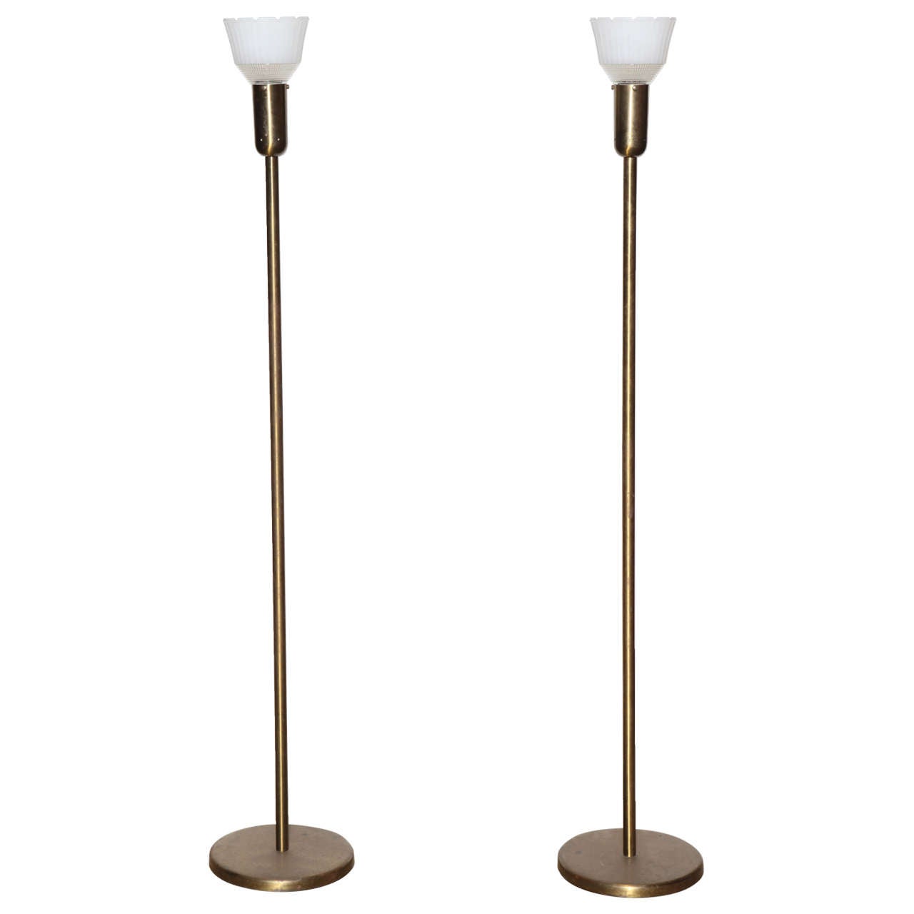 Pair Nessen Studios 907 Brass Floor Lamps with Milk Glass Shades 1940s For Sale