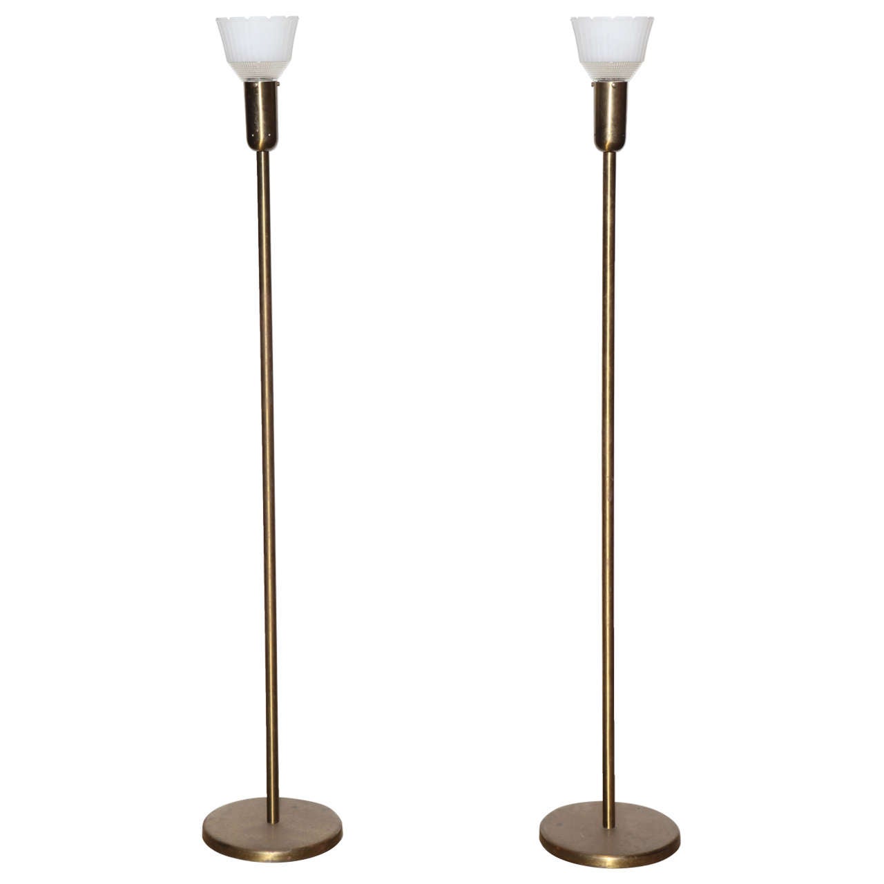 Pair Nessen Studios 907 Brass Floor Lamps with Milk Glass Shades 1940s