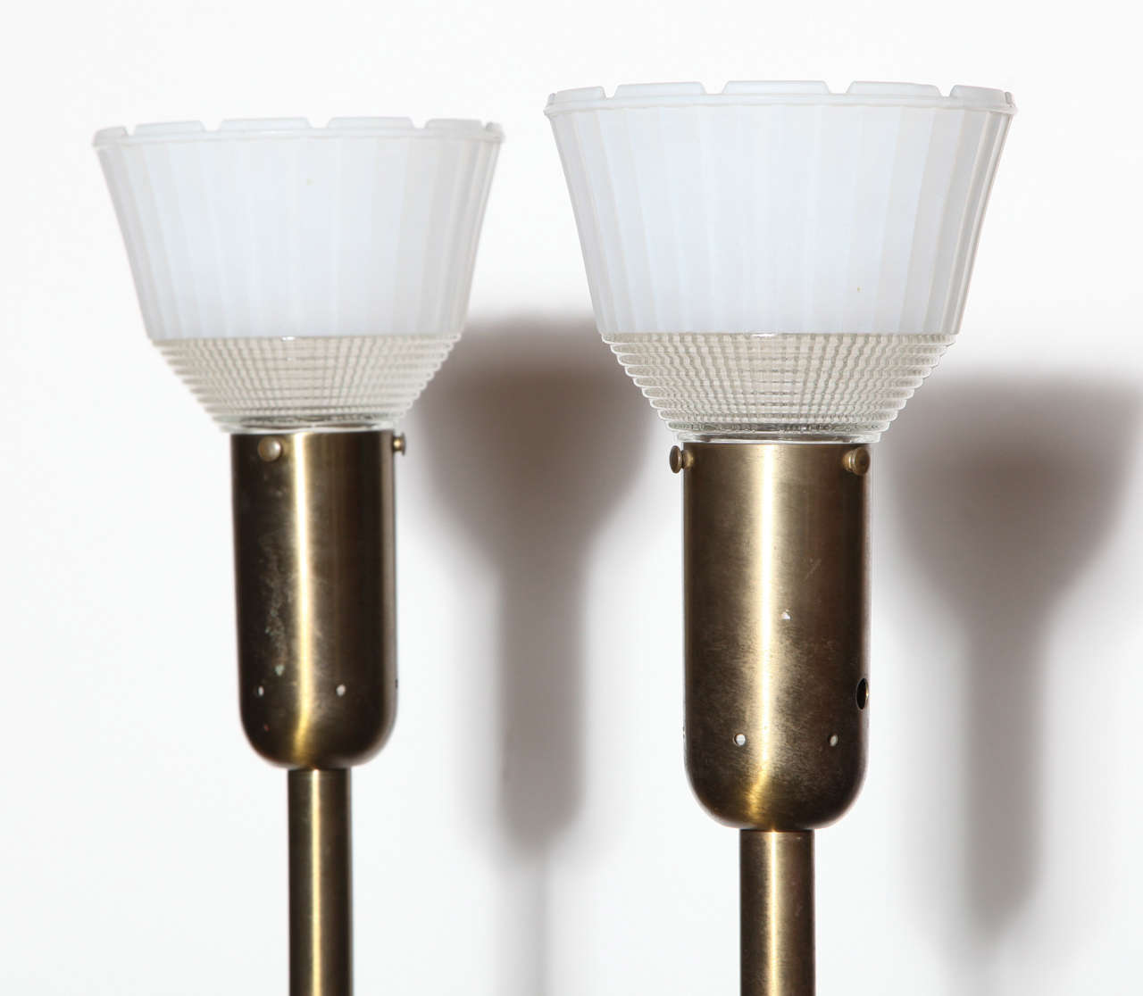 Pair Nessen Studios 907 Brass Floor Lamps with Milk Glass Shades 1940s In Good Condition For Sale In Bainbridge, NY