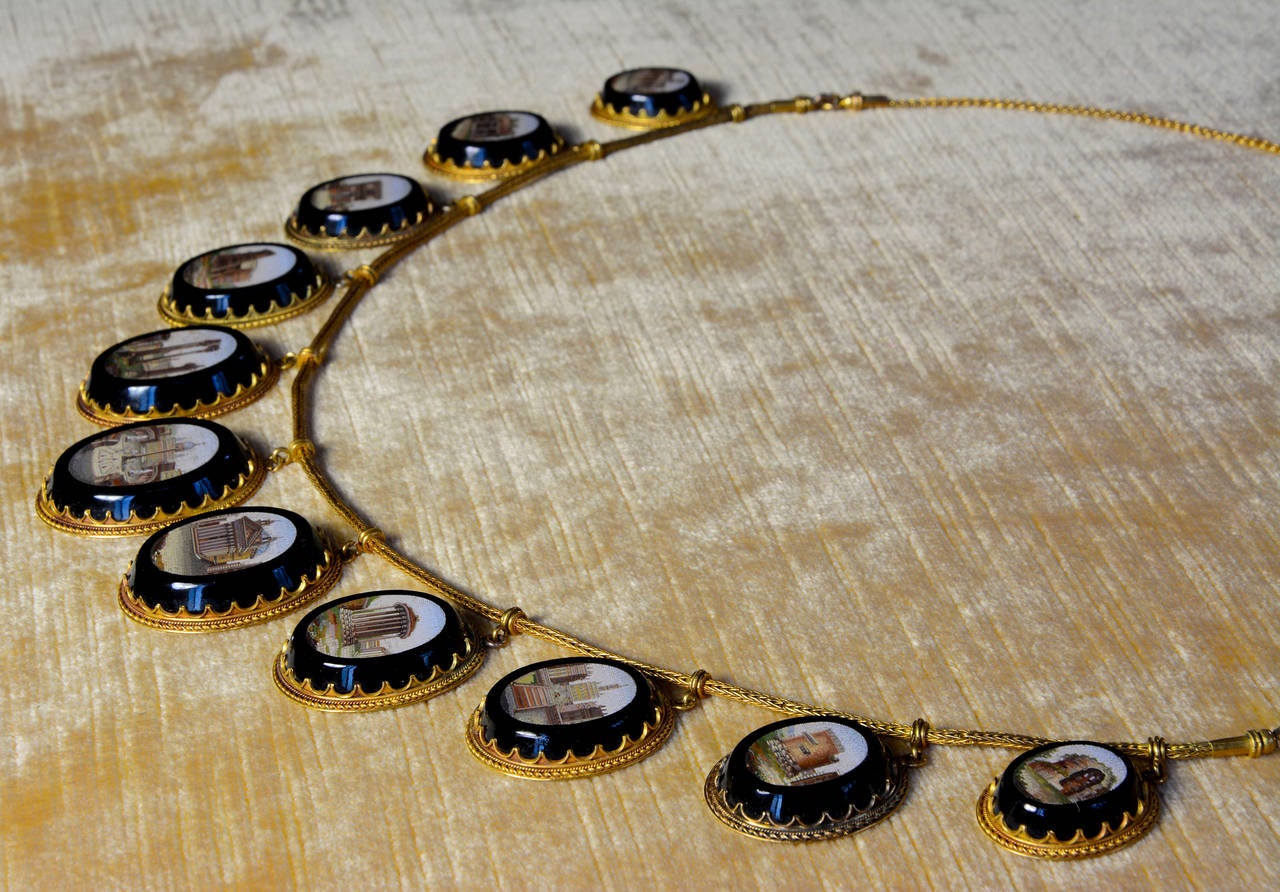 Beveled Extraordinarily Fine Grand Tour Italian Multi-Part Micromosaic Necklace, Rome For Sale