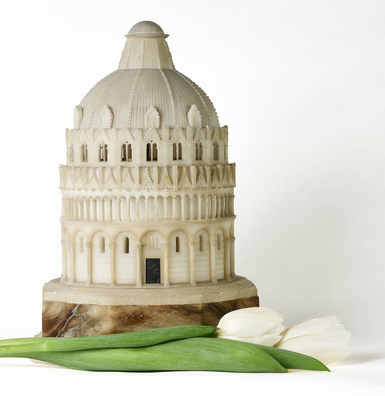 A large, signed, Alabaster Grand Tour model of the Baptistry of St. John’s at Pisa, Italy, circa 1820.

Two types of Volterran Alabaster, 8-1/2”.
Retailed by John Mawe, London, 1820s.

John Mawe (1749 – 1829), who retailed this very Fine