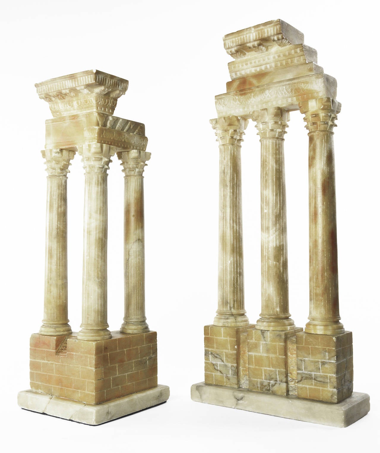 Beginning in the first part of the 19th century, Roman stone carvers produced well-detailed models of these recently excavated and restored temple ruins in the Forum. Later in the century, distinctive variegated alabasters from Volterra were
