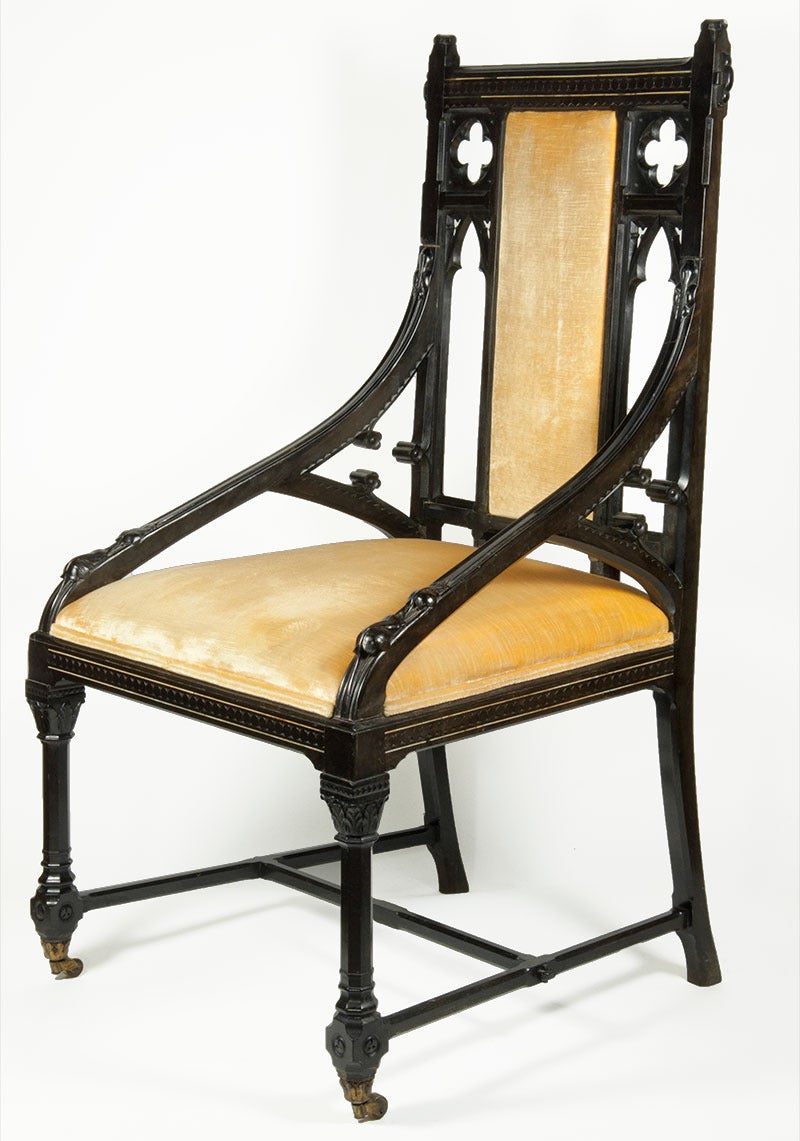 English Splendid Pair of Gothic Revival Chairs, Ebony with Ivory Inlay, circa 1862 For Sale