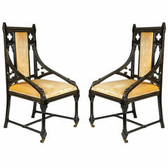 Splendid Pair of Gothic Revival Chairs, Ebony with Ivory Inlay, circa 1862