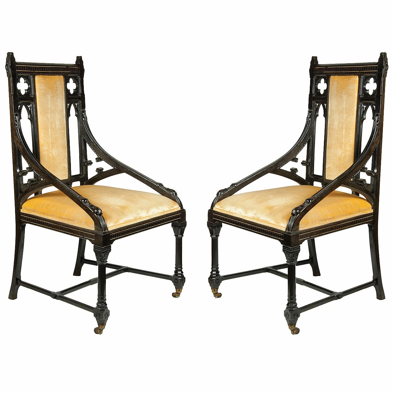 Splendid Pair of Gothic Revival Chairs, Ebony with Ivory Inlay, circa 1862 For Sale