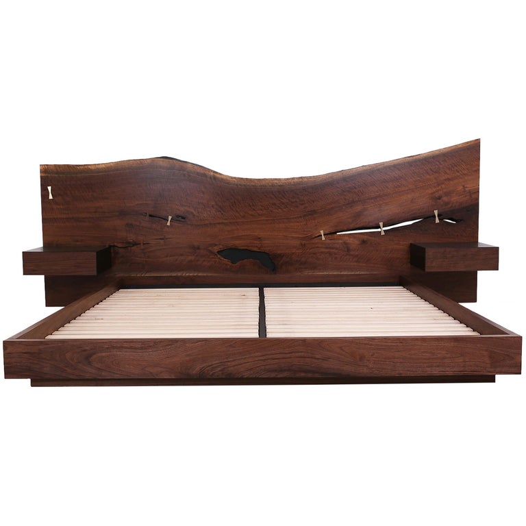 St. Pierre King Bed by Uhuru, Walnut Slab Headboard and Built in Nightstands  at 1stDibs | headboard with built in nightstands, king bed with built in  nightstands, slab bed frame