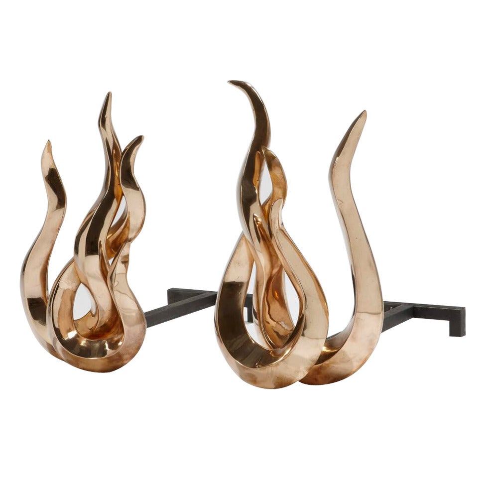 Pair of Polished Bronze Andirons or Firedogs, ‘Flames Japan’ by Mattia Bonetti