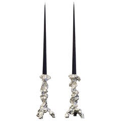 Pair of Bronze Candlesticks ‘Grotto’ Silver by Mattia Bonetti