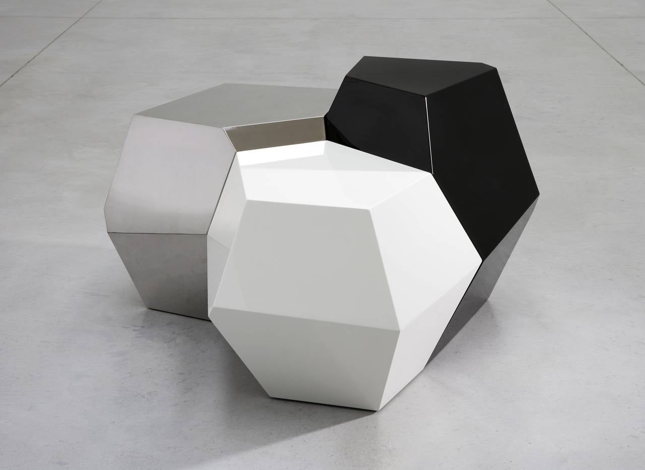 Mattia Bonetti,
tables ‘Polyhedral’ black
2004.
Lacquered wood, stainless steel.
Black: L 43 x D 40 x H 60 cm/L 16.9 x D 15.7 x H 23.6 in.
White: L 60 x D 60 x H 45 cm/L 23.5 x D 23.5 x H 17.2 in.
Stainless steel: L 70 x D 54 x H 51 cm/L 27.9