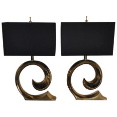 Mid-Century Modern Sculptural Brass Table Lamps, Pair