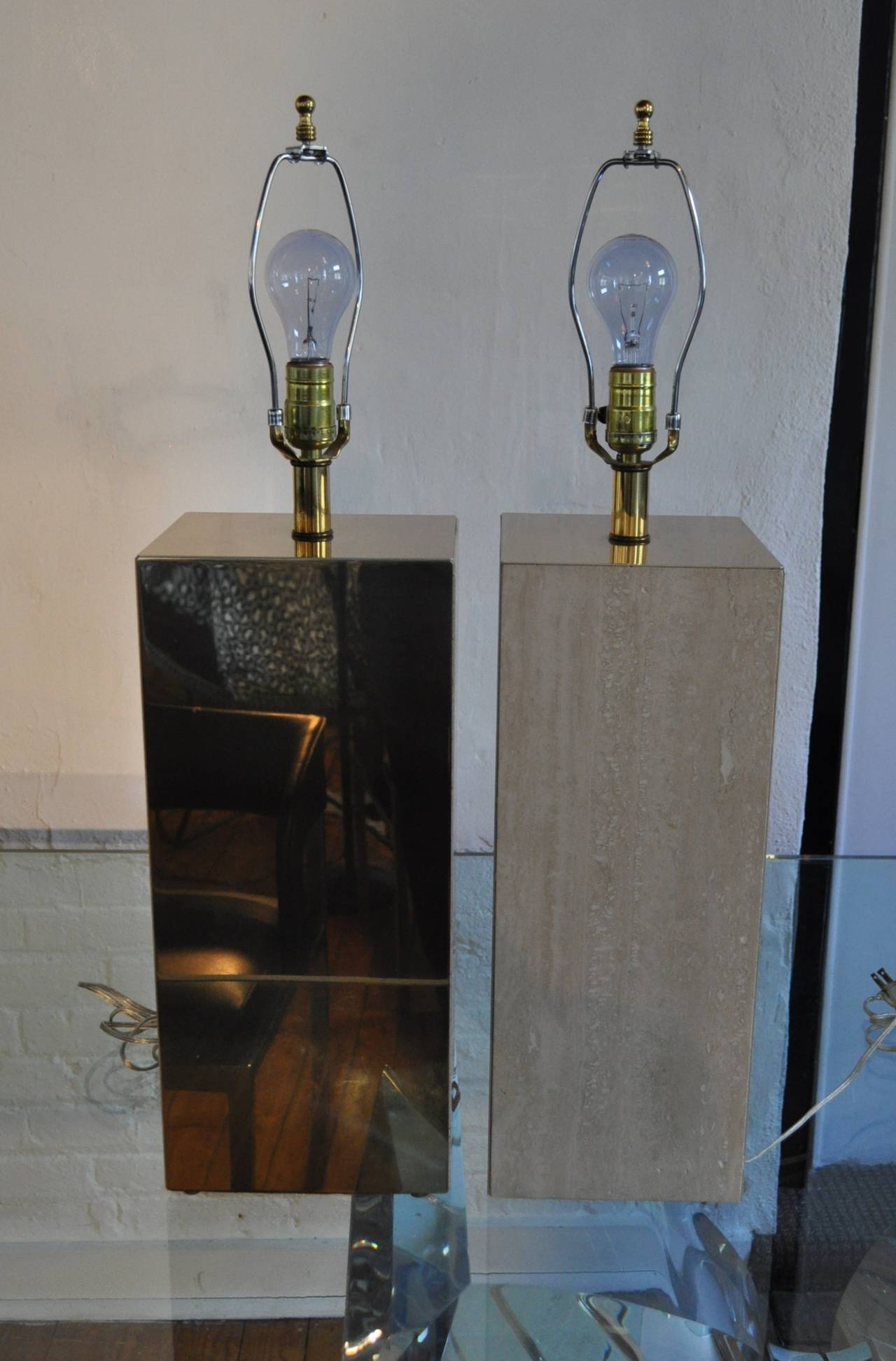 Pair of Travertine and Brass Modern Lamps In Excellent Condition In Lambertville, NJ