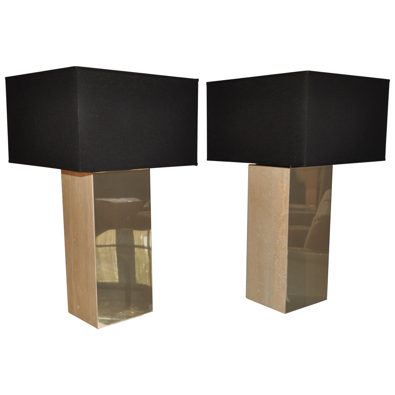 Pair of Travertine and Brass Modern Lamps