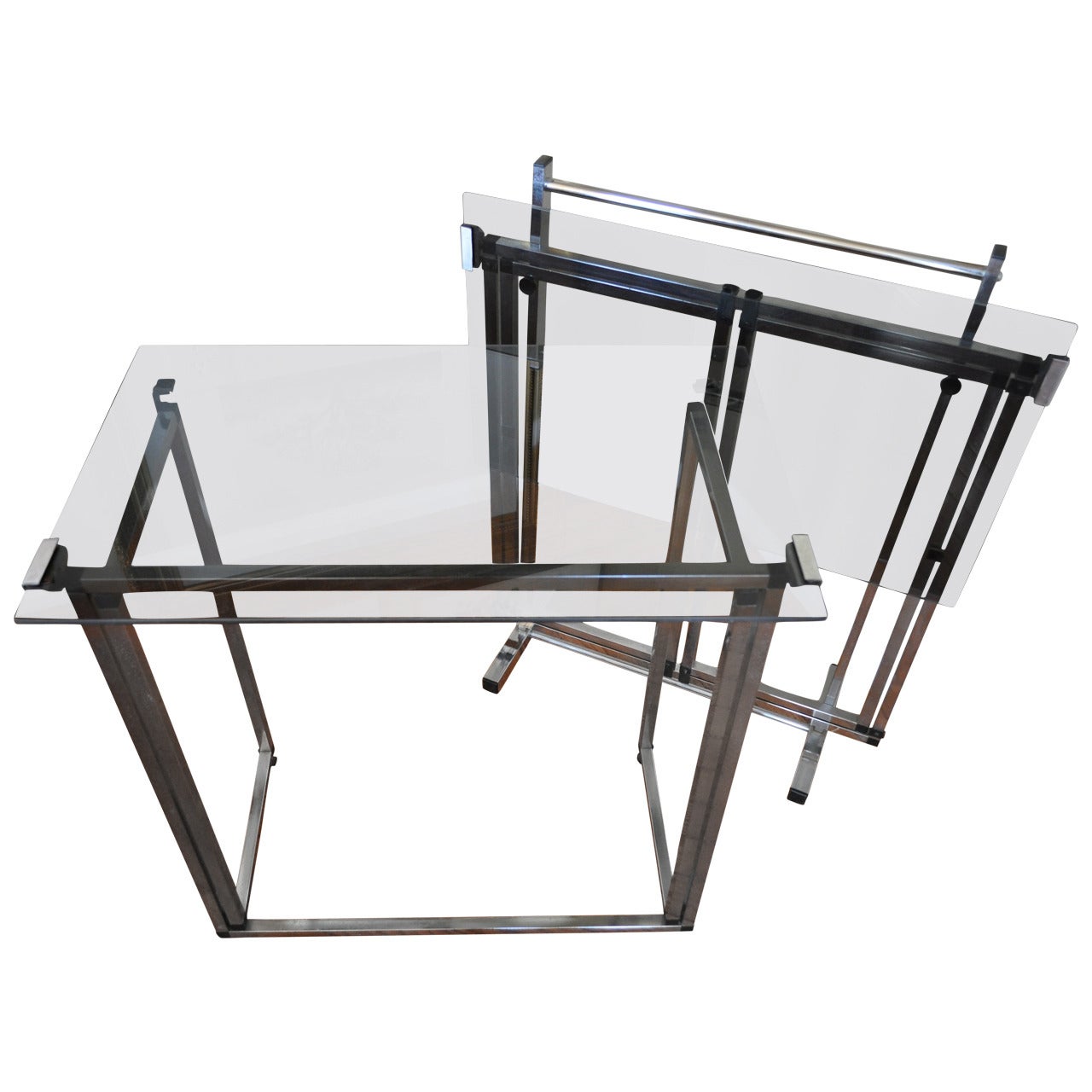 Mid-Century Modern Chrome and Smoked Glass Folding Table Set