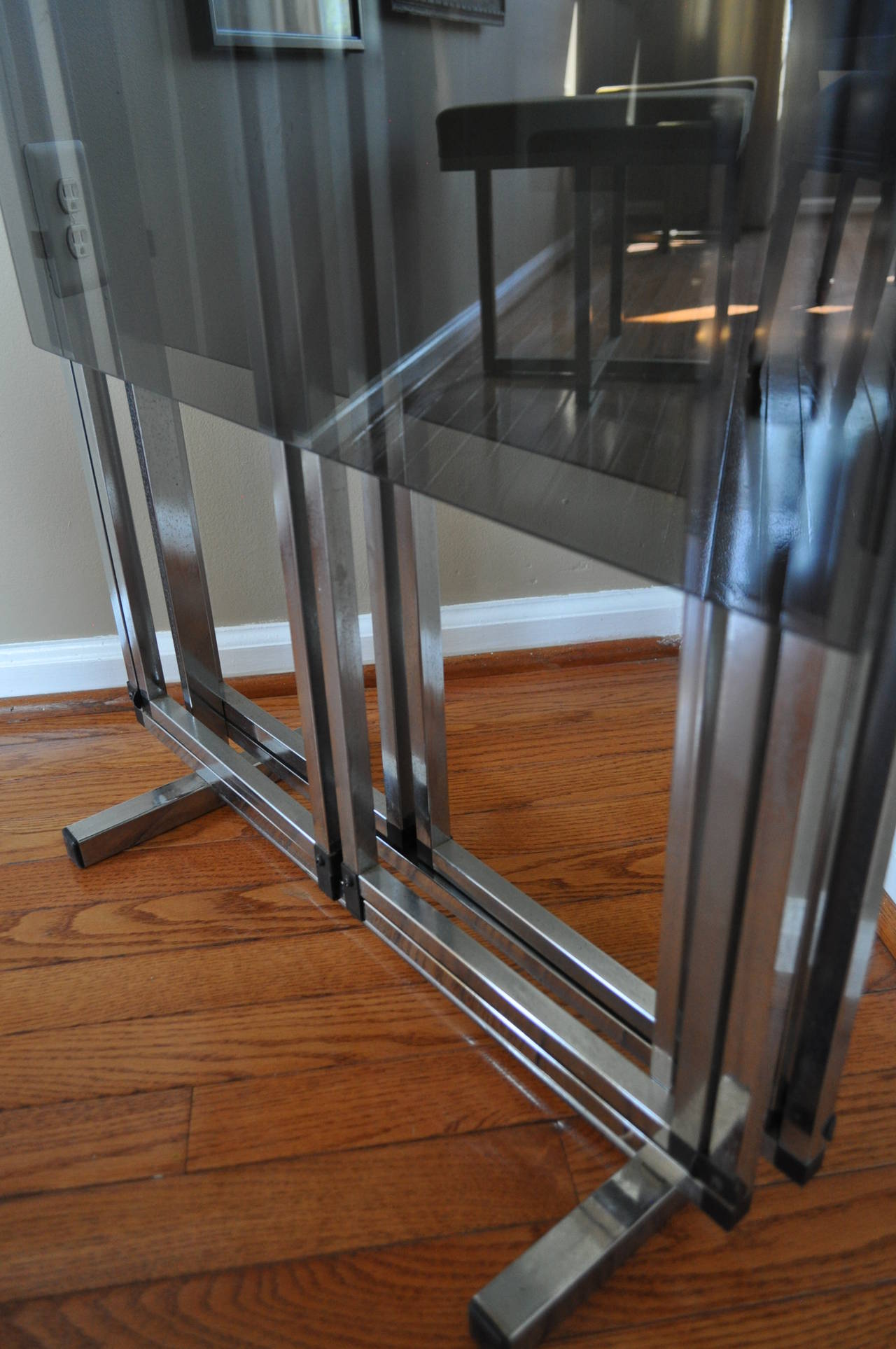 Mid-Century Modern Chrome and Smoked Glass Folding Table Set 1