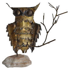 Large Mid-Century Brutalist Mounted Metal Owl Figure, Curtis Jere Style