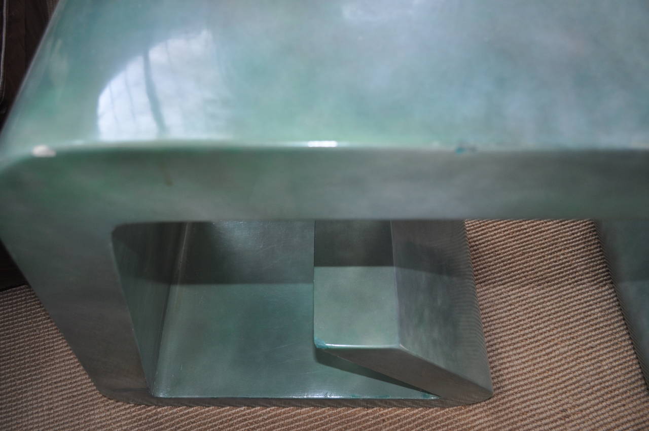 Sculptural Mid-Century Modern console table featuring original green lacquer/faux malachite finish.  This Hollywood Regency style table was featured in Architectural Digest and the NY Times for the 2015 Kips Bay Decorator Show House.