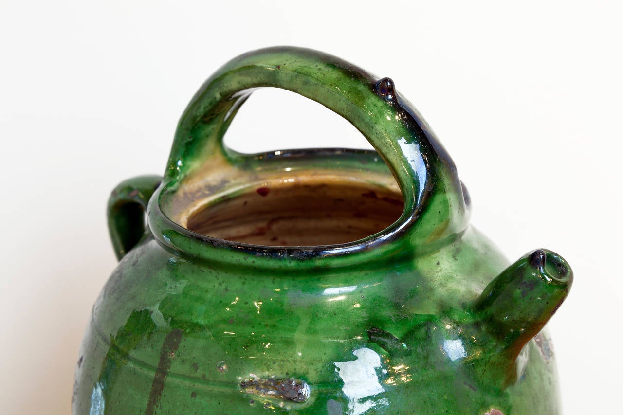 Provencal Pitcher (Cruche), late 19th Century, France. Beautiful deep green glaze. Original lid.