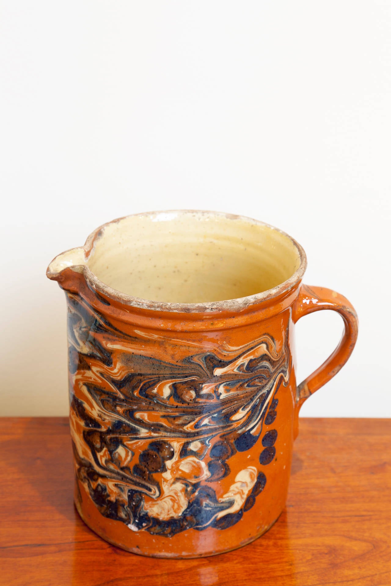 Jaspe Pottery Jug, late 19th Century, France. Traditional slip-glazed with marbleized pattern from the Savoie Region.