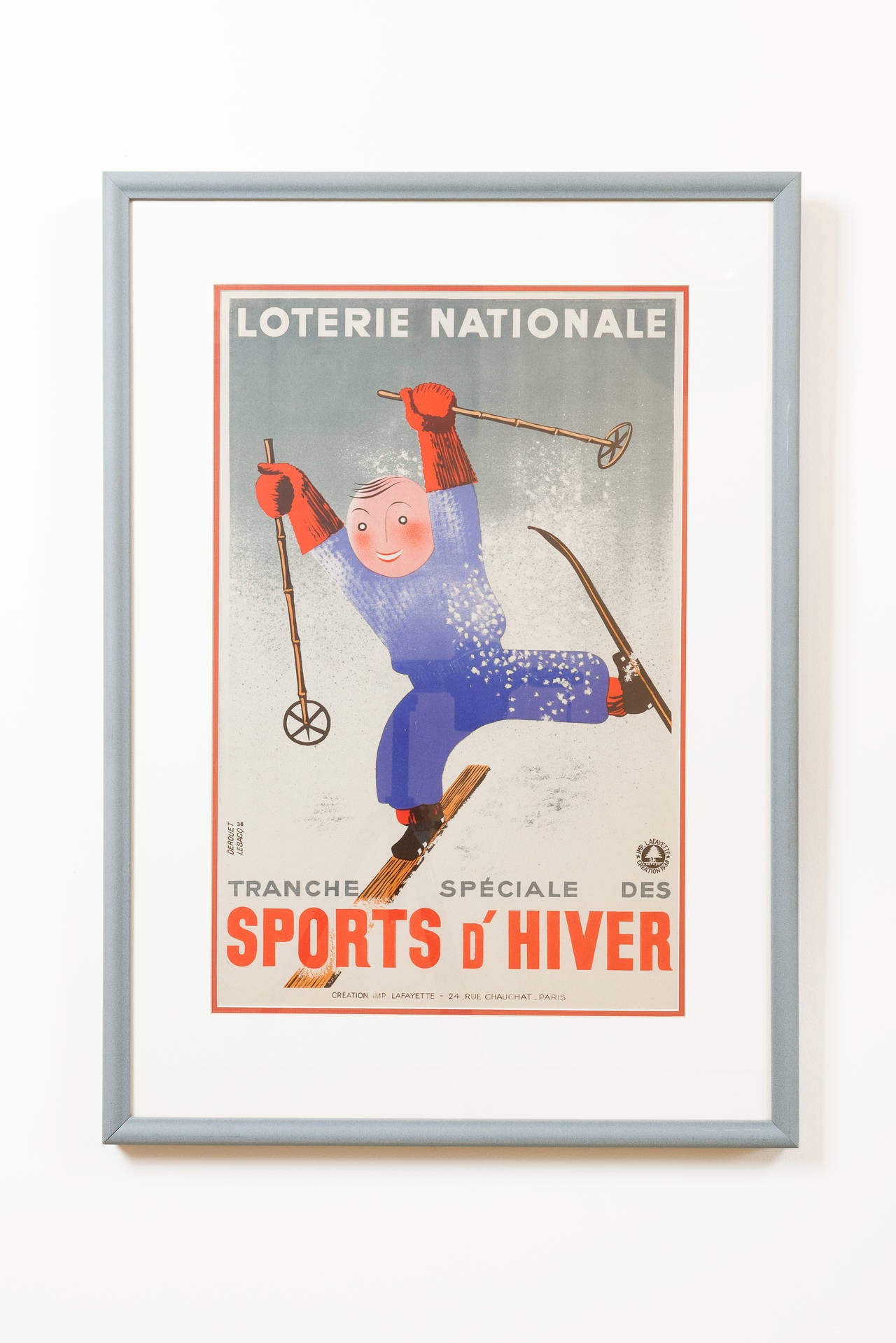 French poster Sports D'Hiver (Winter Sports) by Edgar Derouet (1910-2001) and Charles Lesacq (1909-1940), color lithograph, 1938. Handsomely framed and matted.