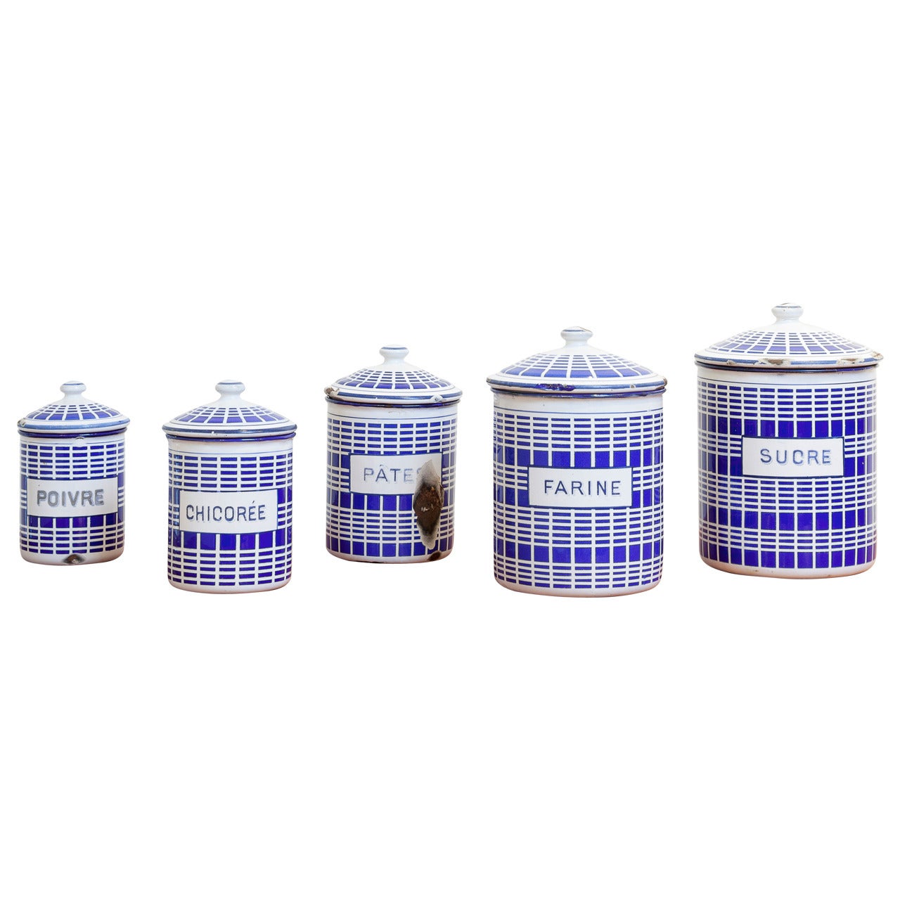 Set of French Enamel Canisters, circa 1920 For Sale
