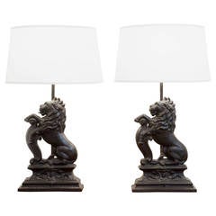 Pair of Cast Iron Andiron Lamps with Lions on Plinth Bases, England, circa 1920