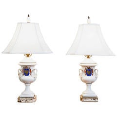Pair of Old Paris Armorial Urn Lamps, 19th Century France 1