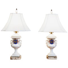 Pair of Old Paris Armorial Urn Lamps, 19th Century France