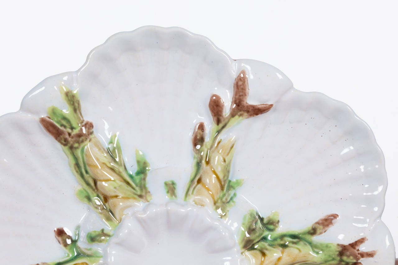 Rare and beautifully colored pair of George Jones 6 well majolica oyster plates,
England c.1875. Finely detailed shell and seaweed motifs.