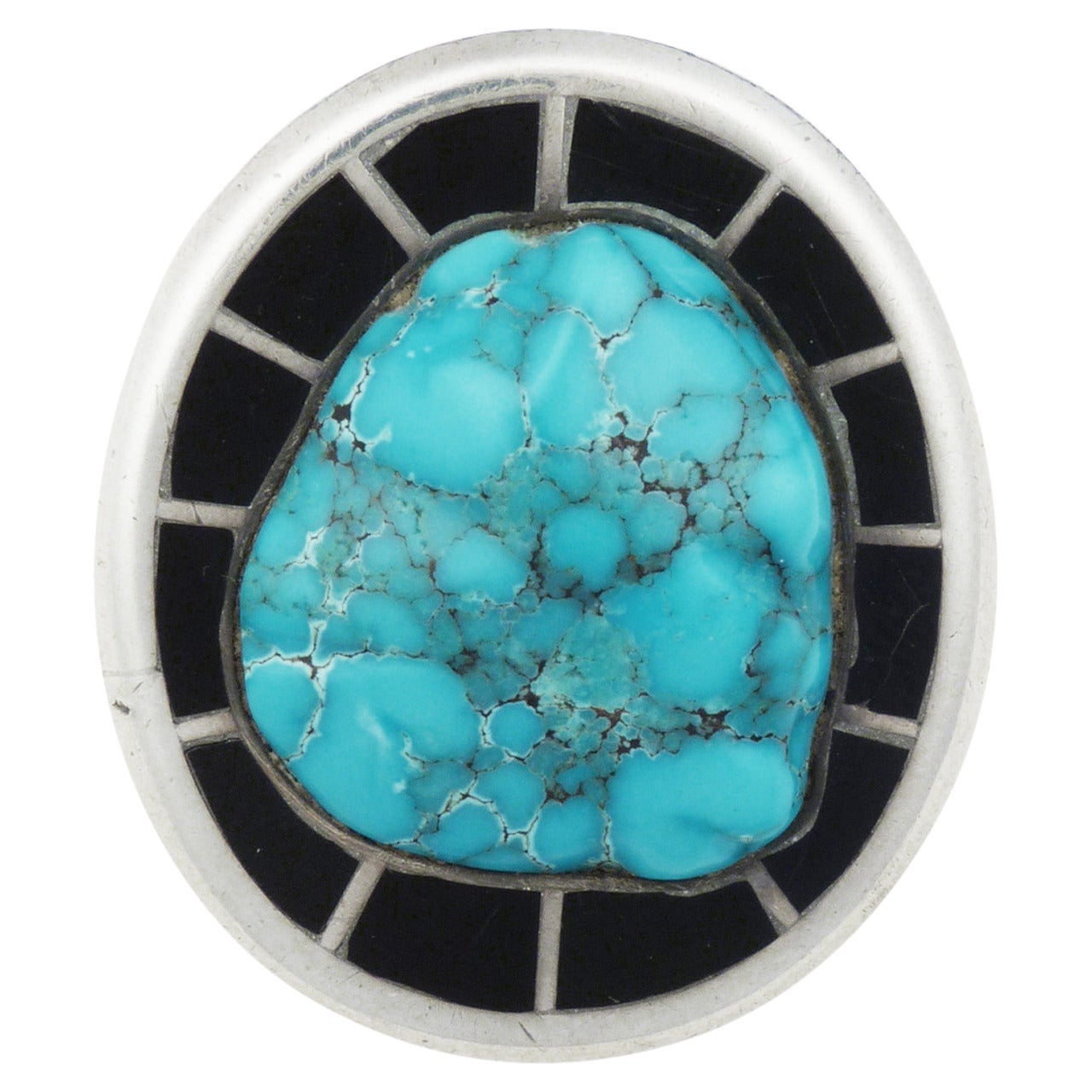 Frank Vacit, Silver Ring with Turquoise and Jet Inlay, circa 1950 For Sale