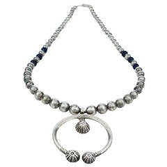 Silver and Glass Bead Necklace with Naja, circa 1900