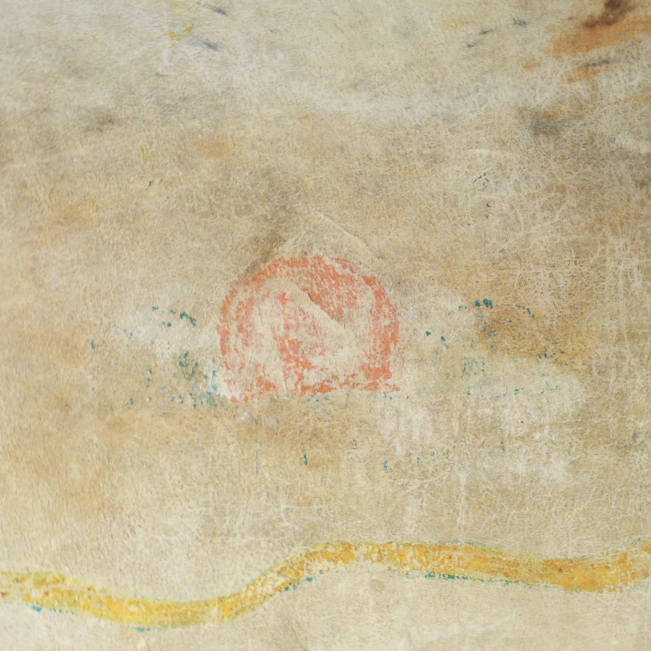 An historic kilt worn as dance regalia by a Kewa (Santo Domingo Pueblo) child. Featuring painted elements of a sun, moon and rain cloud centered above Avanyu, painted on Native tanned deer hide. Avanyu is the mythical water deity of the Tewa,