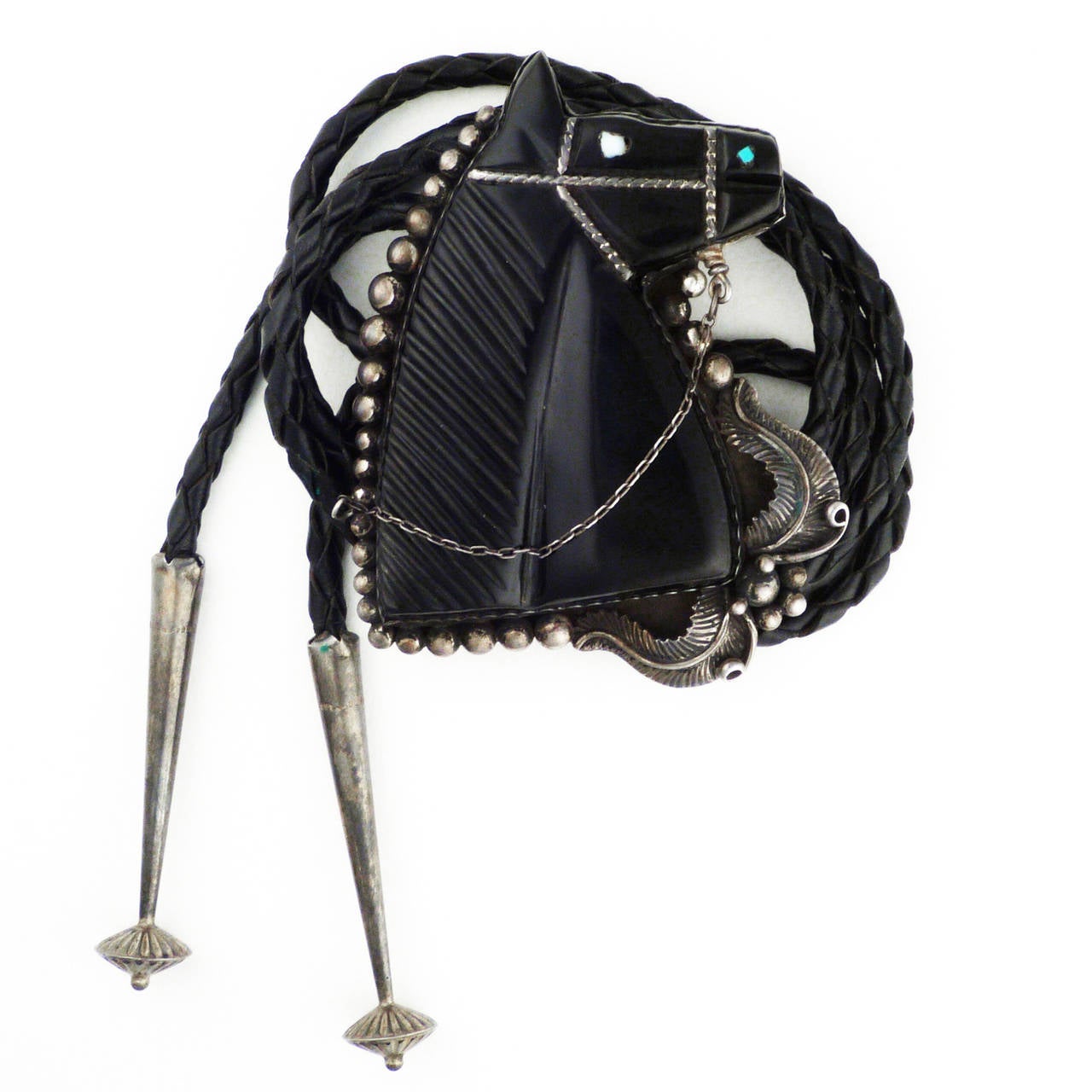 Native American Vintage Zuni Jet Horse Bolo Tie, circa 1950
