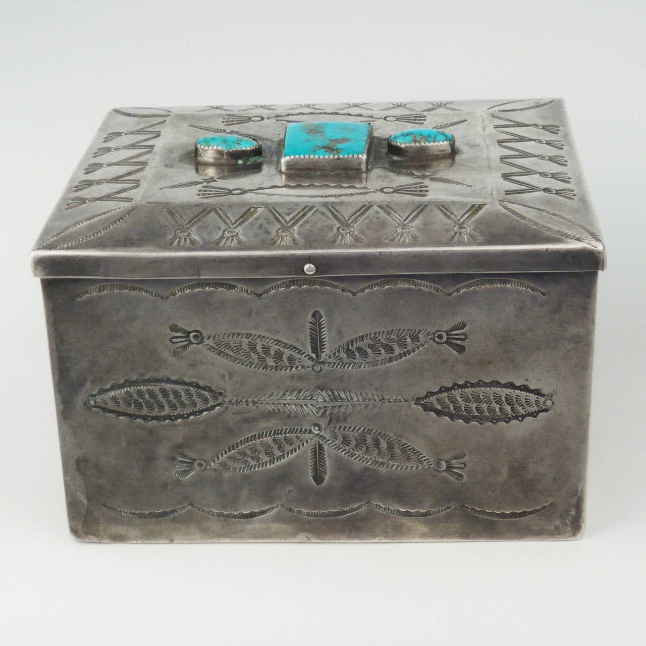 American Vintage Navajo Silver Box with Three Turquoise Cabochons, circa 1940