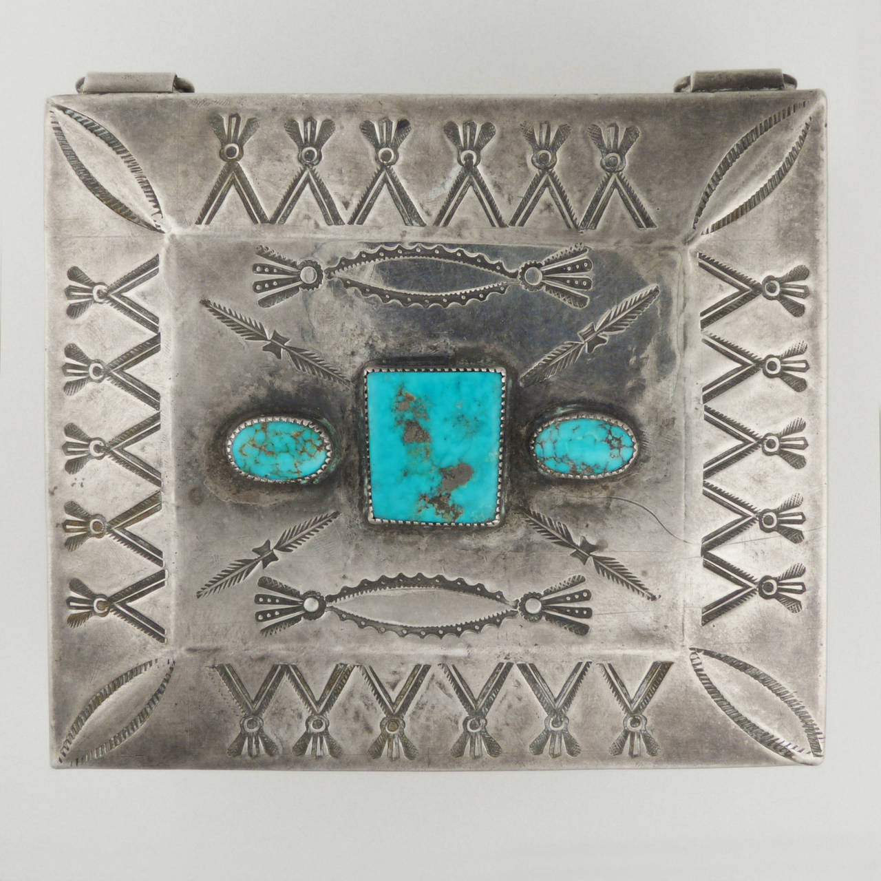 Vintage Navajo Silver Box with Three Turquoise Cabochons, circa 1940 In Excellent Condition In Santa Fe, NM