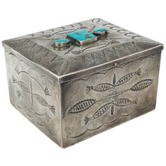 Vintage Navajo Silver Box with Three Turquoise Cabochons, circa 1940
