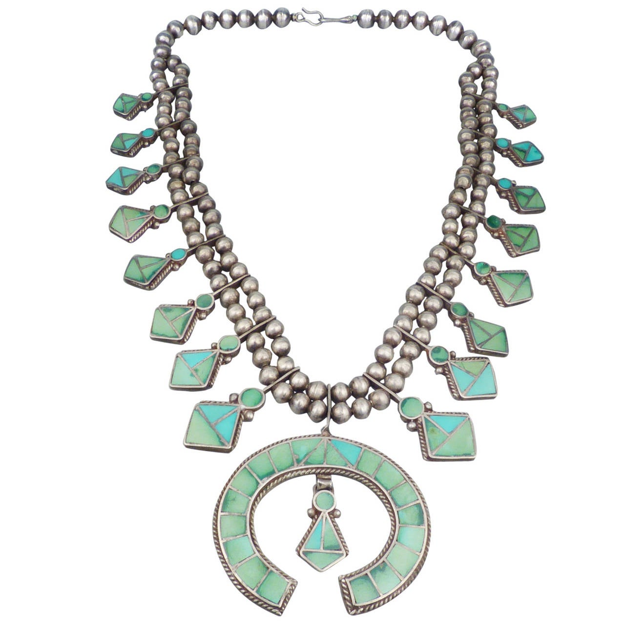 Zuni Channel Inlay Squash Blossom Necklace, circa 1950 at 1stdibs