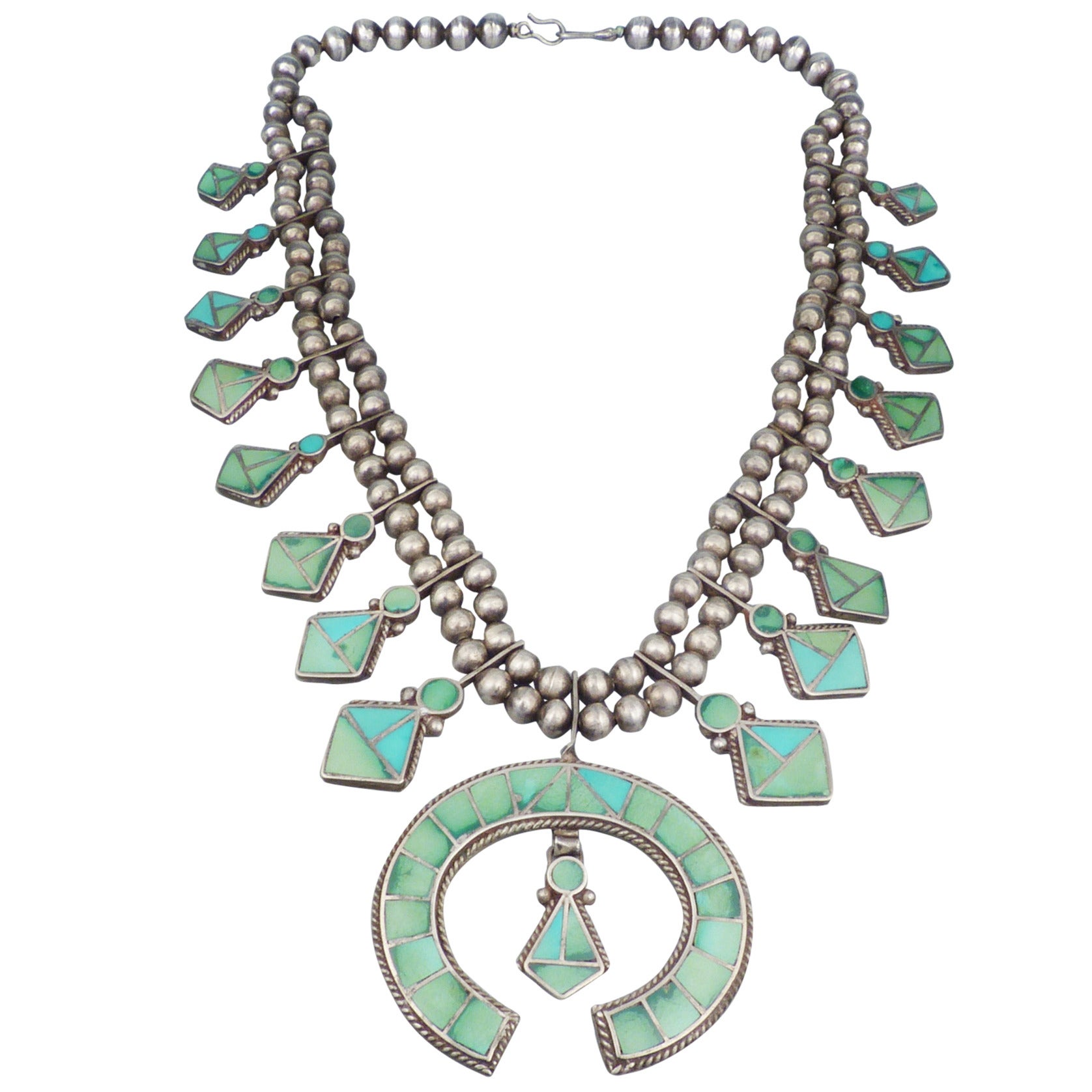 Zuni Channel Inlay Squash Blossom Necklace, circa 1950
