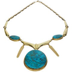 Gold and Morenci Turquoise Necklace by Julian Lovato, circa 1985