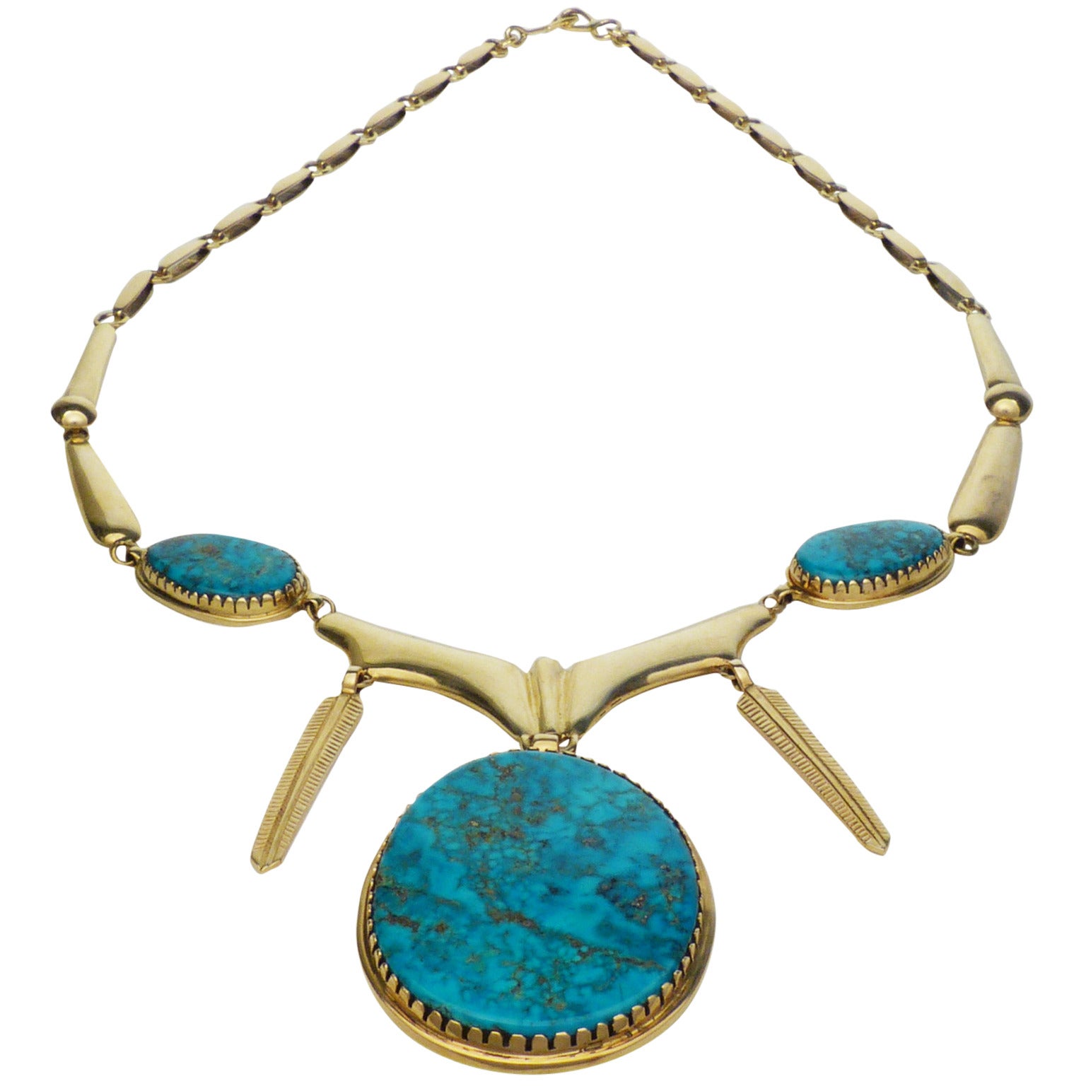 Gold and Morenci Turquoise Necklace by Julian Lovato, circa 1985 For Sale