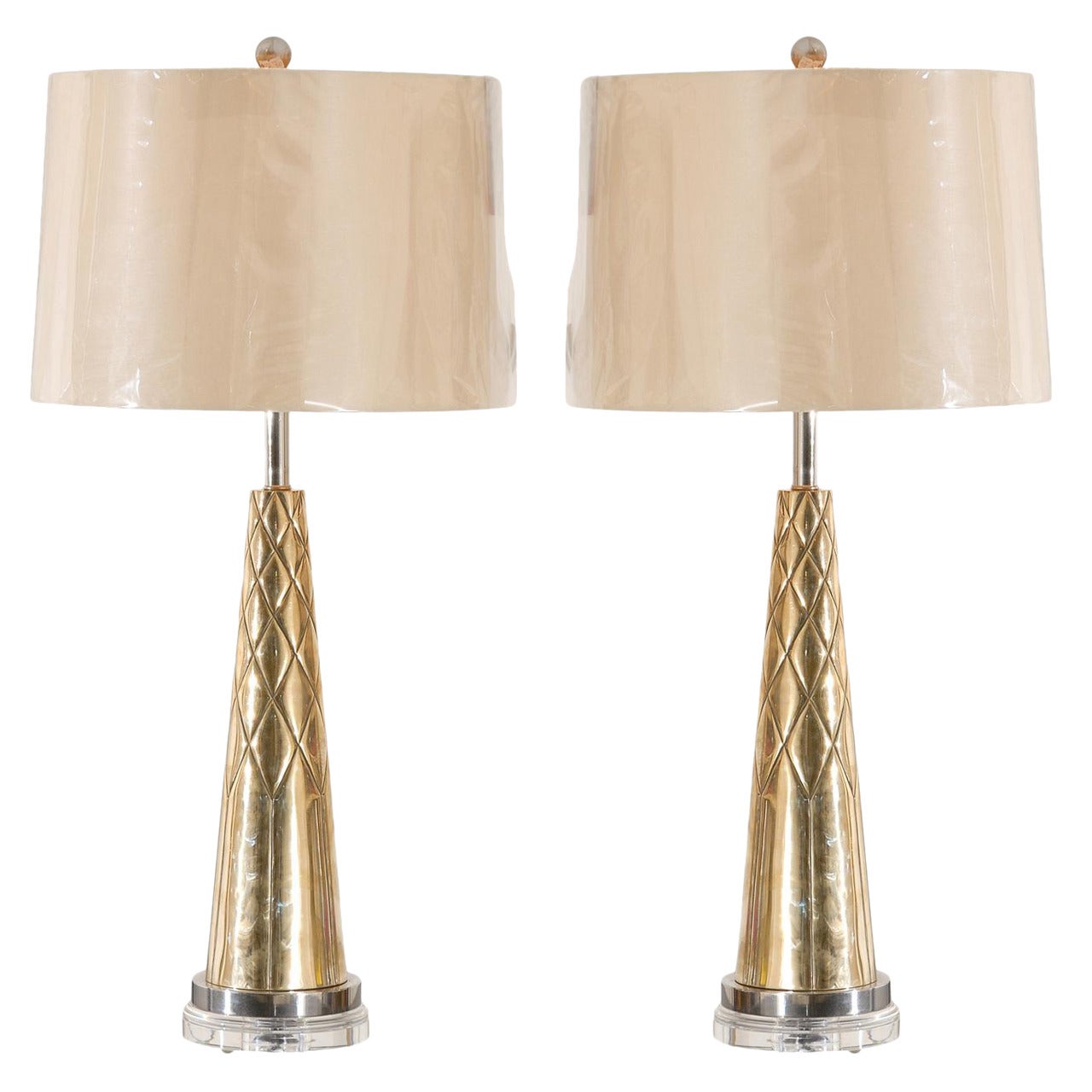 Exquisite Pair of Modern Etched Cone Lamps in Nickel and Brass For Sale