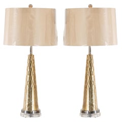 Exquisite Pair of Modern Etched Cone Lamps in Nickel and Brass