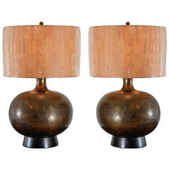 Pair of Large Scale Hand Forged Lamps in Bronze