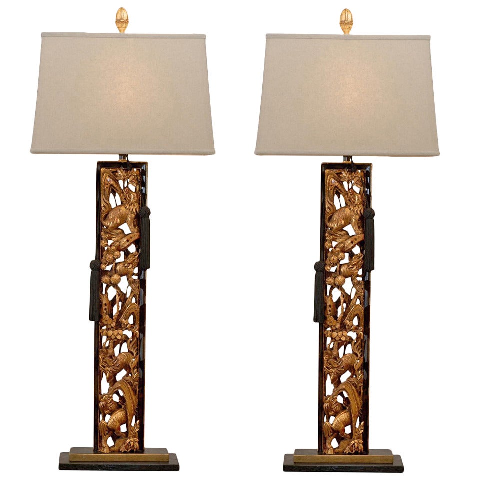 Spectacular Pair of Carved Asian Lamps