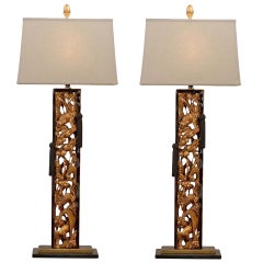 Spectacular Pair of Carved Asian Lamps