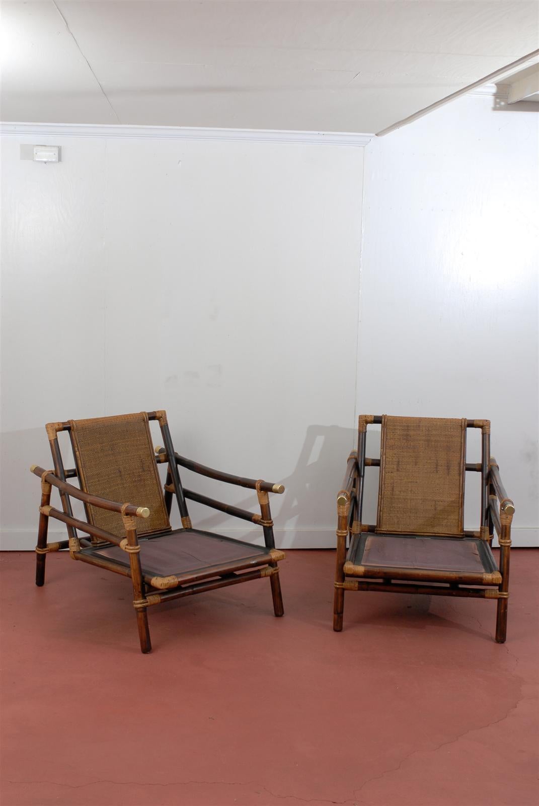 Mid-Century Modern Superb Pair Bamboo Campaign Lounge Chairs