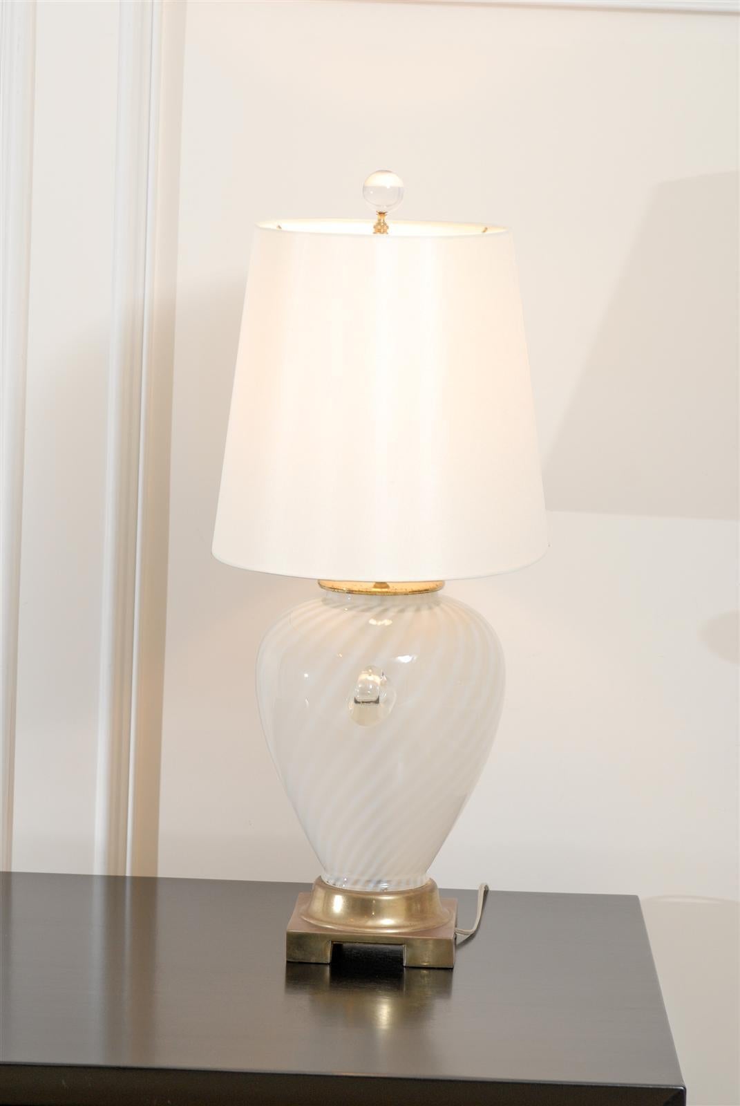 Mid-20th Century Outstanding Pair of Cream Murano Lamps with Blown Glass Handles For Sale